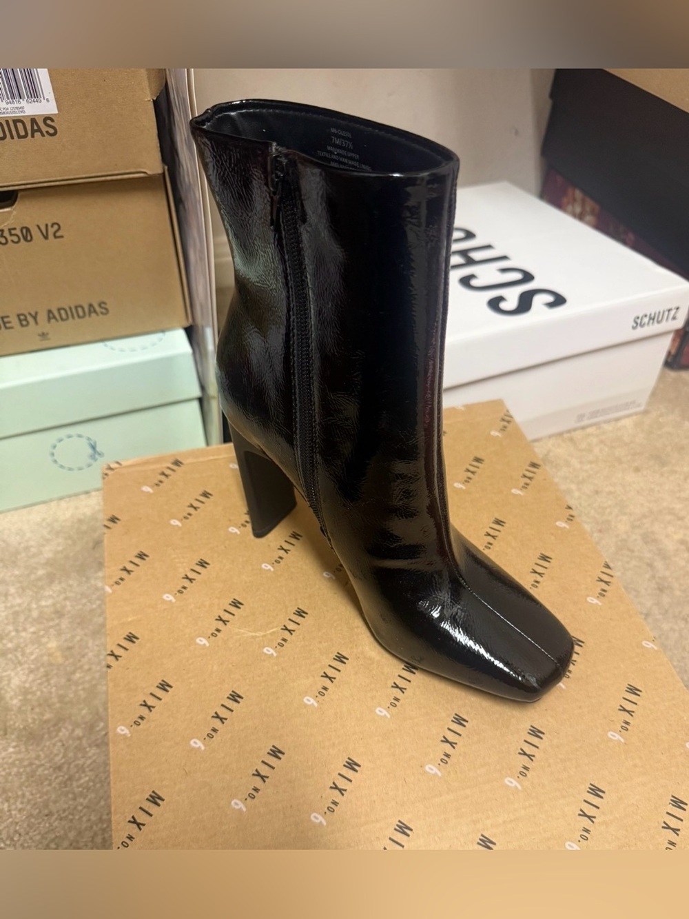 Mix No. 6 Black Patent Square-Toe Block Heel Ankle Boot